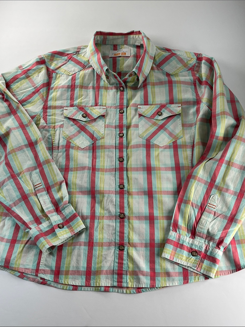 Orvis Trout Bum Plaid Shirt in Mint, Coral & Yellow Stripes Snap Closure Sz XL